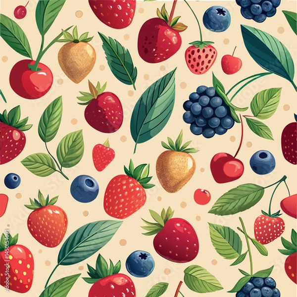 Fototapeta Colorful arrangement of fresh fruits and leaves on a light background creating a vibrant pattern for decor or design Generative AI