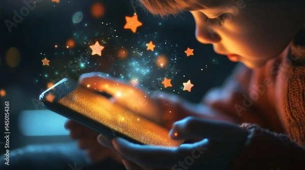 Obraz Kid girl is using mobile cell phone. Applications, likes, technology addiction