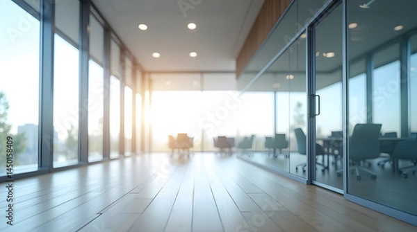 Fototapeta Bright and modern office space with large windows and a warm wooden floor, creating an inviting atmosphere.