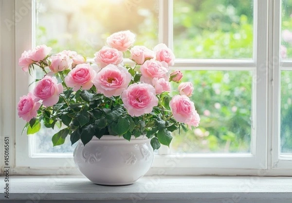 Obraz Beautiful Pink Roses in White Pot on Window Sill with Soft Morning Light and Lush Green Background
