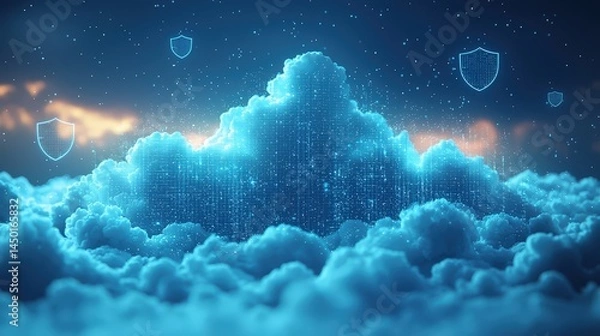Fototapeta A digital fortress floating in cloud space, featuring shield elements. Modern cybersecurity solutions for online data and IT systems. Digital protection infrastructure used by corporations.