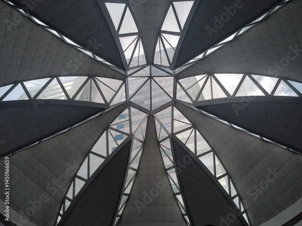 Fototapeta Interior lobby of the Torre de las Américas building in Panama City, with a star-shaped roof structure
