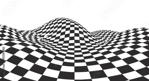 Fototapeta A black and white optical illusion image of a rippling checkerboard pattern creating a three-dimensional wave effect. vector illustration
