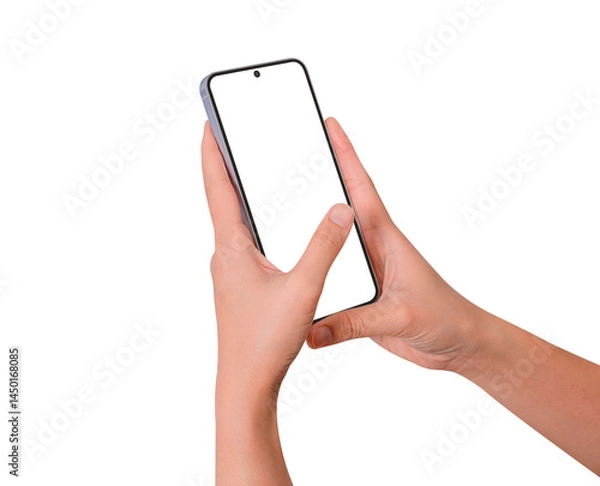 Obraz Hand using smartphone with blank screen isolated. Premium high quality studio shot. Concept for technology, business, finance and advertising.