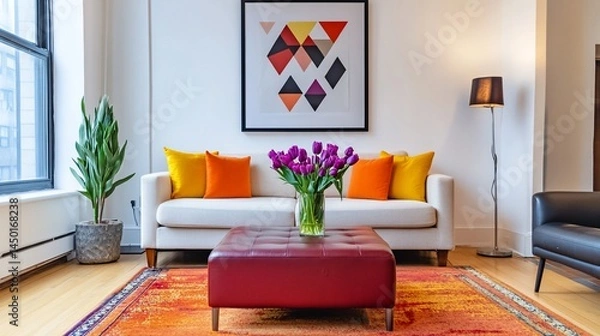 Fototapeta Modern living room interior with vibrant colors and art.