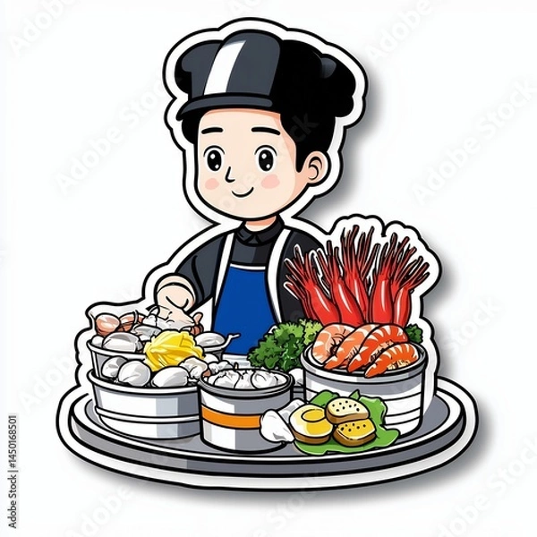 Fototapeta Smiling Cartoon Chef with Delicious Seafood Dim Sum