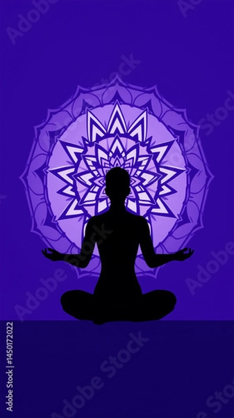 Fototapeta Meditating Silhouette with Mandala on Violet Background