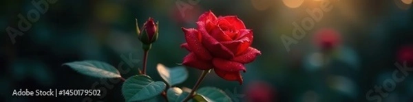 Obraz Single red rose, dramatic lighting, dew drops , luxury, stem