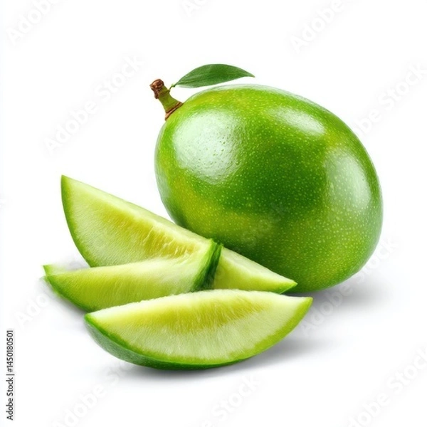 Fototapeta Green mango with slices isolated on white background