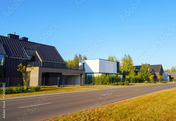 Obraz Barn House villa in closed community. Ultra modern luxury house. Private Scandi home in suburb. Modern Scandinavian Barnhouse building. Contemporary barnhouse design. Barn House in gated community.