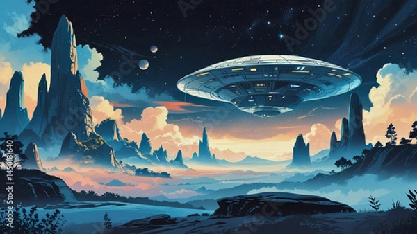 Fototapeta a beautiful sci-fi landscape, with a futuristic thing in the background. 