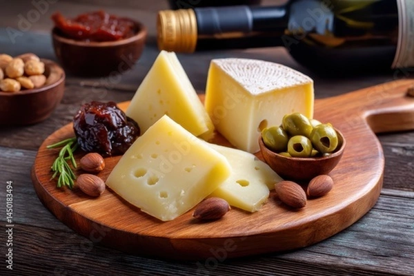 Obraz Traditional Spanish Cheese Board with Manchego, Idiazabal, Olives, and Quince Paste