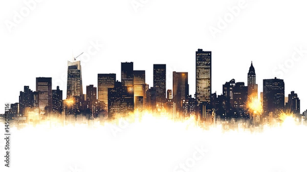 Obraz Silhouette of city skyline at night with warm lighting, isolated on transparent background. PNG