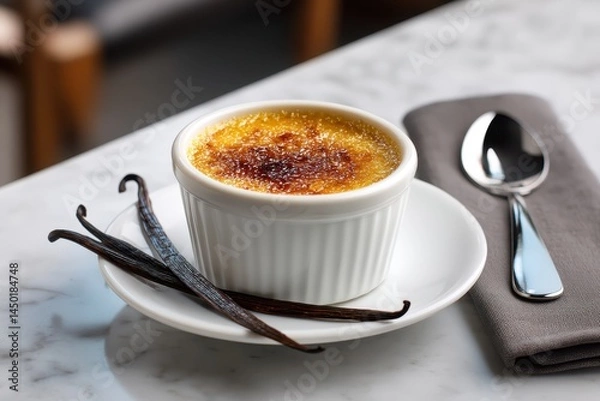 Fototapeta Crème brûlée with cracked caramelized top served in a ramekin with vanilla pod on elegant café setting