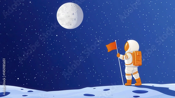 Fototapeta Astronaut stands on moon, gazing at large moon in night sky, holding flag. scene is serene and inspiring