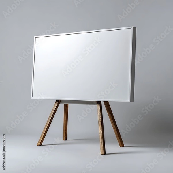 Obraz White framed display on wooden easel against grey background