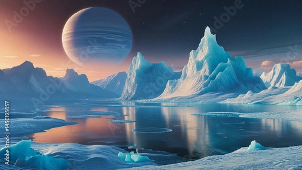Fototapeta Surreal Ice Mountains and Frozen Lake on Alien Planet with Distant Gas Giant