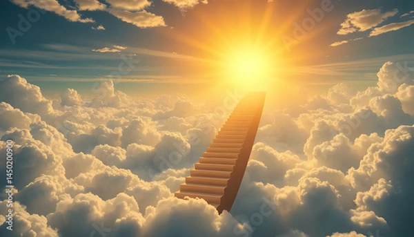 Obraz Golden Stairway Ascending Through Fluffy Clouds Towards a Bright Dawn