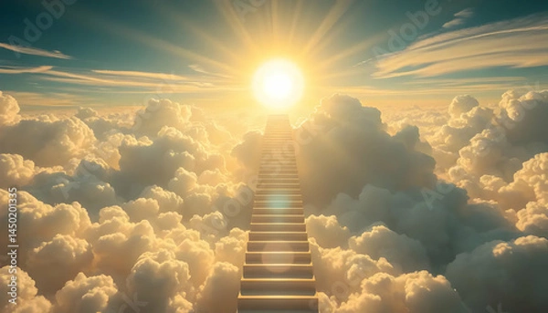 Obraz Stairway Of Light Rising Through Clouds Toward A Radiant Sun In A Serene Sky