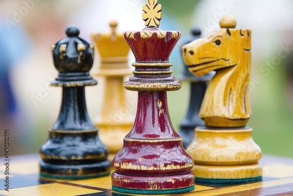 Fototapeta Close-up view of chess pieces on a wooden board.?A?red queen,?a?black rook, and?a?light?yellow?knight?are?in?focus,?while?other?pieces?are?out-of-focus?in?the?background