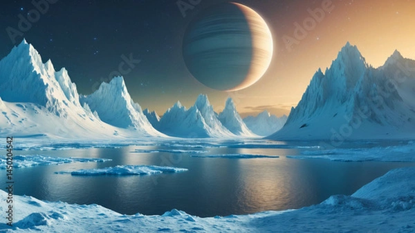 Fototapeta Surreal Ice Mountains and Frozen Lake on Alien Planet with Distant Gas Giant