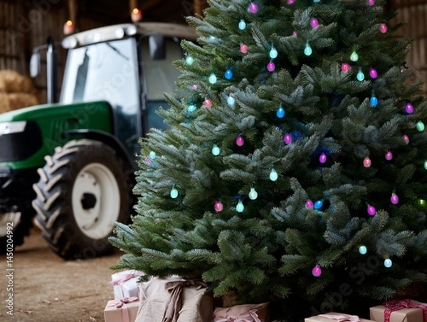 Fototapeta Christmas tree decorated with colorful lights in a barn setting, with a tractor in the background
