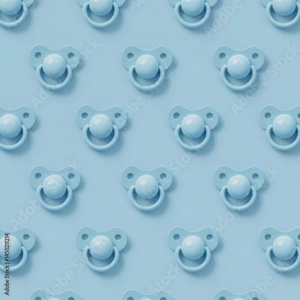 Fototapeta Light blue pacifiers in a repeating pattern on a light blue surface. Baby pacifier pattern for a baby product advertisement.