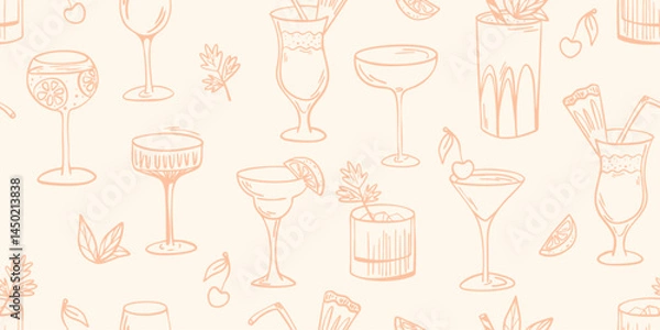 Fototapeta Seamless cocktail pattern with hand drawn drinks in pastel colors
