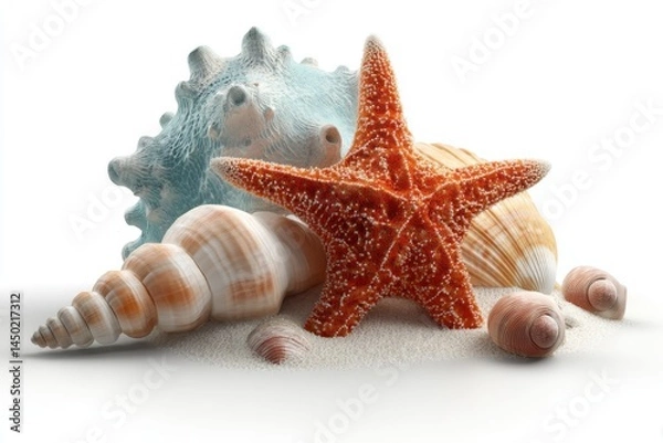 Fototapeta Vibrant Starfish and Shells on a Soft Sand Background in Studio Light