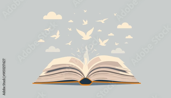 Fototapeta Book of Enlightenment: An open book with pages glowing, with doves and clouds, symbolizing knowledge, imagination and the journey of enlightenment. 