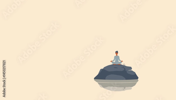 Fototapeta Serene Contemplation: A minimalist illustration of a person meditating on a rock, their silhouette reflecting on the tranquil water surface. The scene evokes calmness and introspection.