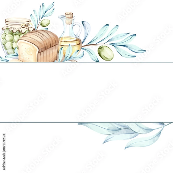 Fototapeta Exploring the beauty of olives and olive oil in vibrant watercolor illustrations of Italian cuisine frame, border, arrangement