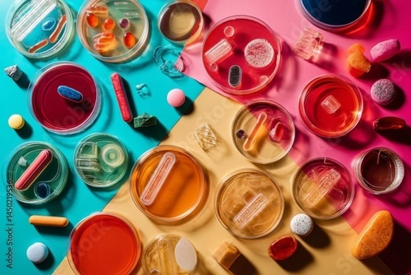 Fototapeta An eye-level shot of petri dishes with diverse colorful substances arranged on different backgrounds.