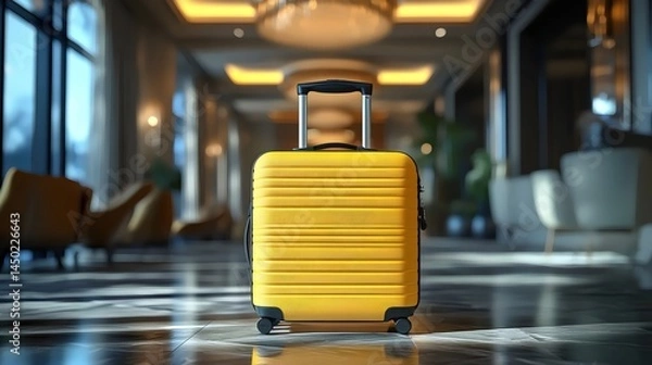 Fototapeta A cheerful yellow suitcase poised in a hotel lobby anticipates an exciting adventure ahead.