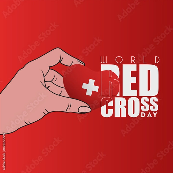 Obraz World red cross day design background. May 8. Hand holding red cross sign on red background