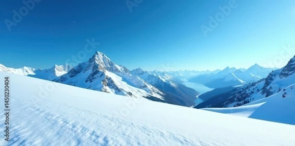 Fototapeta Deep blue sky, crisp snow blanket, distant frosted mountains , frosty, distance, scenic