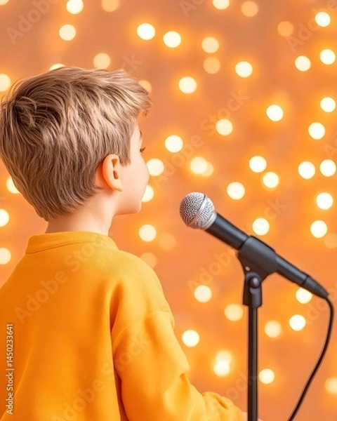 Fototapeta A young boy in a yellow sweater sings into a microphone against a backdrop of blurry lights