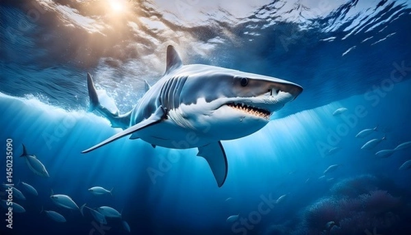 Fototapeta Massive Great White Shark Hunting in Deep Ocean Waters