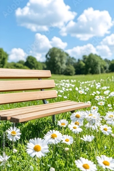 Fototapeta Wooden bench surrounded by white daisies in a field with a blue sky