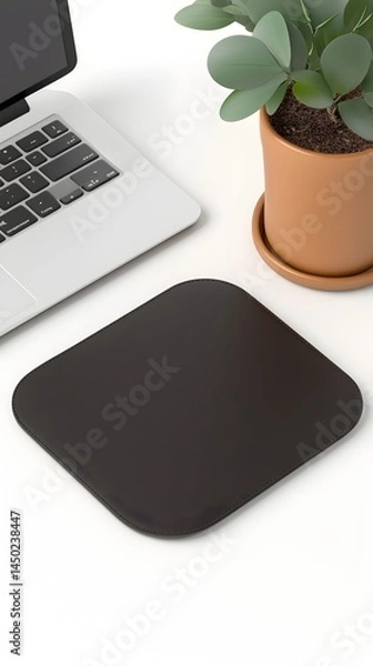 Fototapeta A black square mousepad sits on a white desk with a laptop and a potted plant