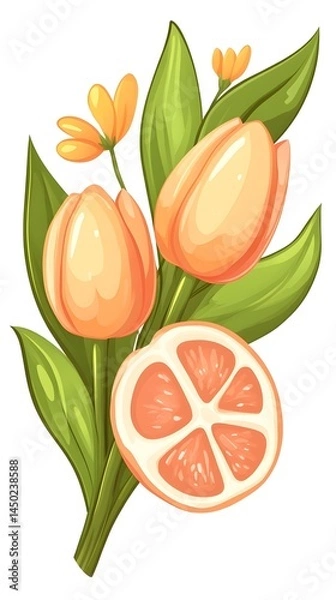 Fototapeta A bouquet of three peach-colored tulips with green leaves and a halved grapefruit