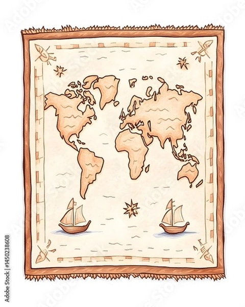 Fototapeta A beige world map tapestry with sailing ships and nautical accents, framed by a textured border