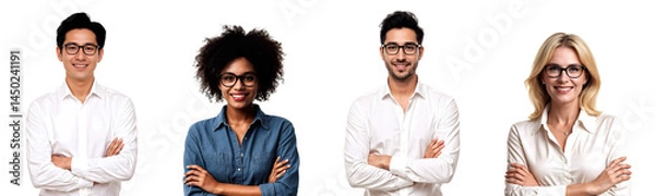 Fototapeta Four diverse professionals or students with folded arms and eyeglasses on transparent background. Suitable for business, education, teamwork, and inclusive commercial content.