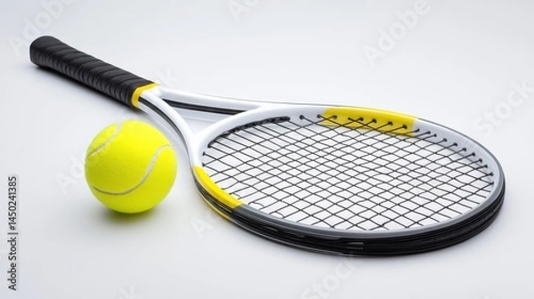 Fototapeta Tennis racket and ball close up on white background