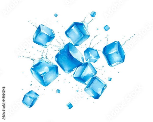 Fototapeta Realistic ice cube splash effect, flying water drops PNG isolated