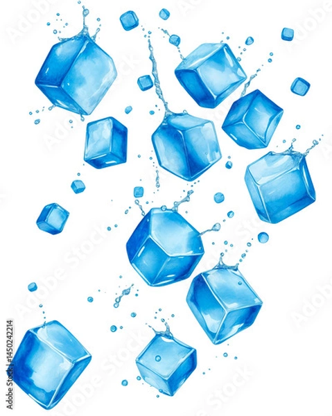 Fototapeta Ice cubes in motion with splash effect, transparent or white background