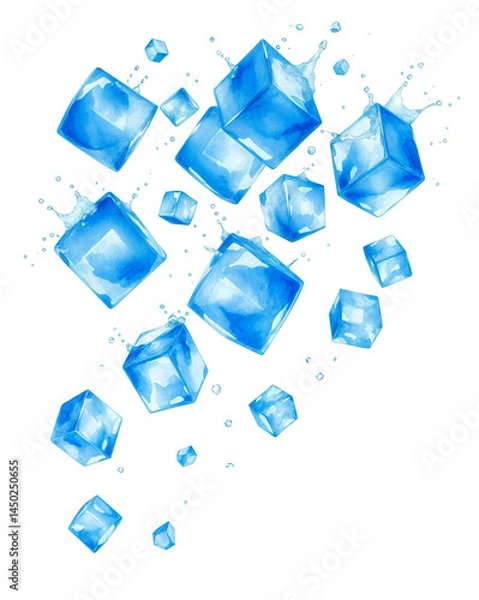 Fototapeta Dynamic splash of water with floating ice cubes, isolated transparent PNG