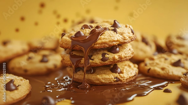Fototapeta Three chocolate chip cookies are stacked, with melted chocolate dripping down them, against a blurred yellow background with scattered chocolate chips.