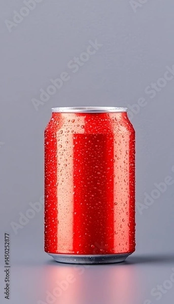 Fototapeta A chilled red aluminum can, condensation visible, stands on a gray surface