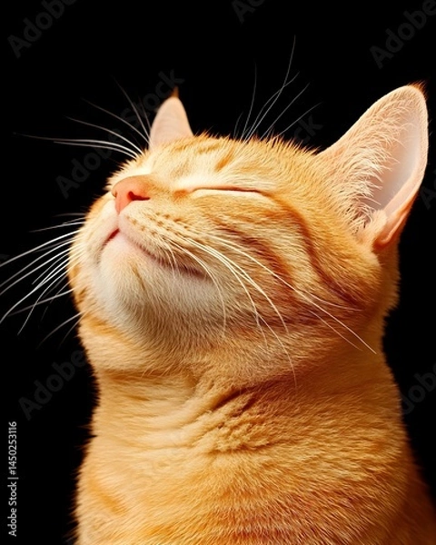 Fototapeta A close-up portrait of a ginger cat with eyes closed, looking up